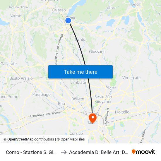Como - Stazione S. Giovanni to Accademia Di Belle Arti Di Brera map