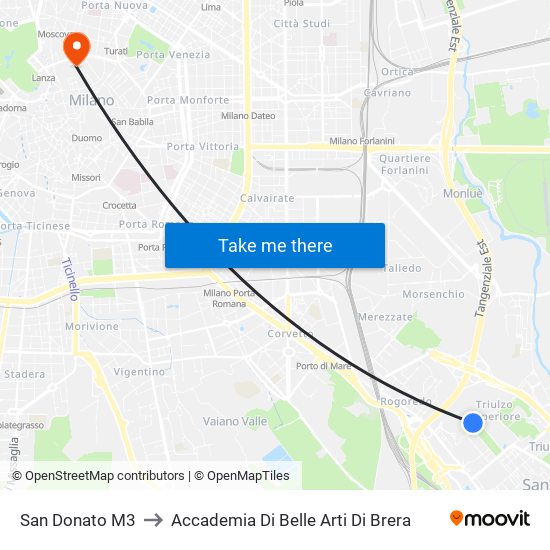 San Donato M3 to Accademia Di Belle Arti Di Brera map