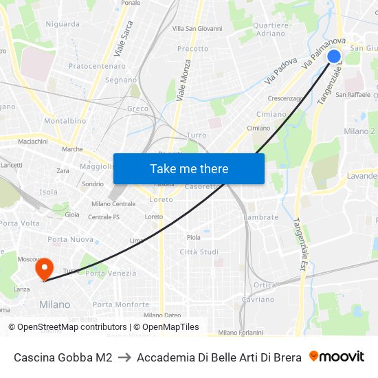 Cascina Gobba M2 to Accademia Di Belle Arti Di Brera map