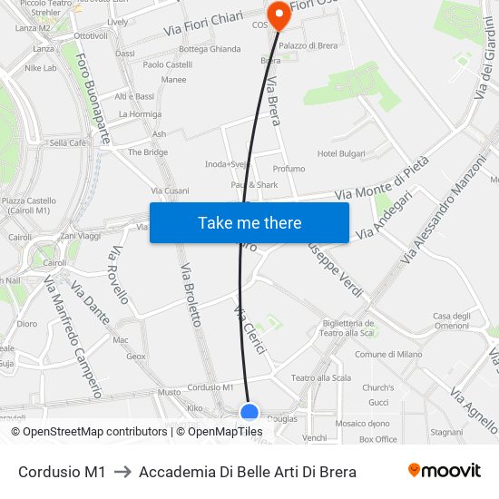 Cordusio M1 to Accademia Di Belle Arti Di Brera map