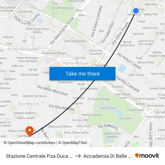 Stazione Centrale P.za Duca D'Aosta M2 M3 to Accademia Di Belle Arti Di Brera map