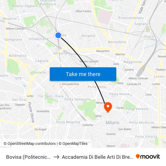 Bovisa (Politecnico) to Accademia Di Belle Arti Di Brera map