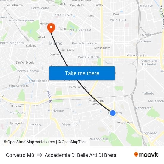 Corvetto M3 to Accademia Di Belle Arti Di Brera map