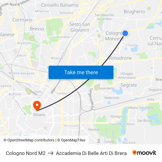 Cologno Nord M2 to Accademia Di Belle Arti Di Brera map