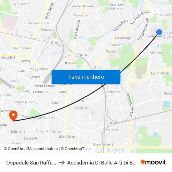 Ospedale San Raffaele to Accademia Di Belle Arti Di Brera map