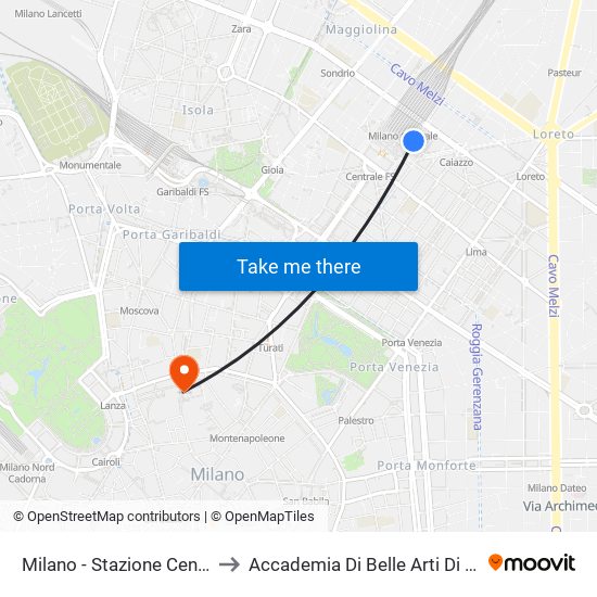 Milano - Stazione Centrale to Accademia Di Belle Arti Di Brera map