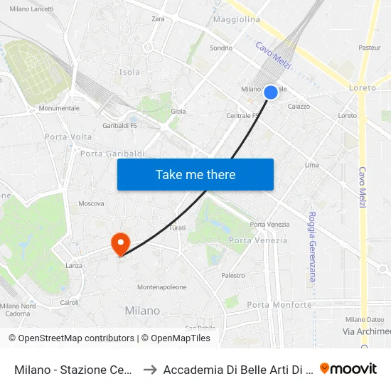 Milano - Stazione Centrale to Accademia Di Belle Arti Di Brera map