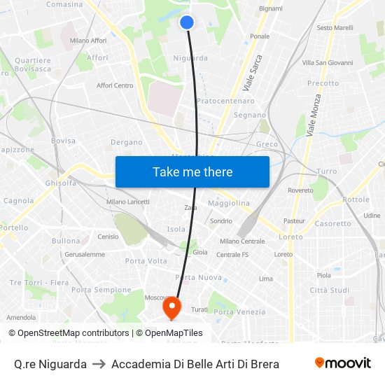 Q.re Niguarda to Accademia Di Belle Arti Di Brera map