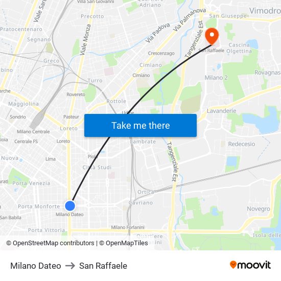 Milano Dateo to San Raffaele map