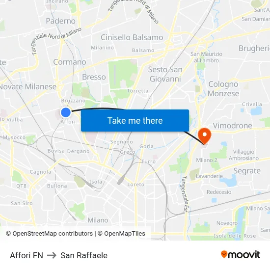 Affori FN to San Raffaele map
