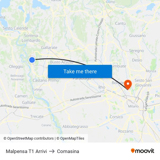 Malpensa T1 Arrivi to Comasina map