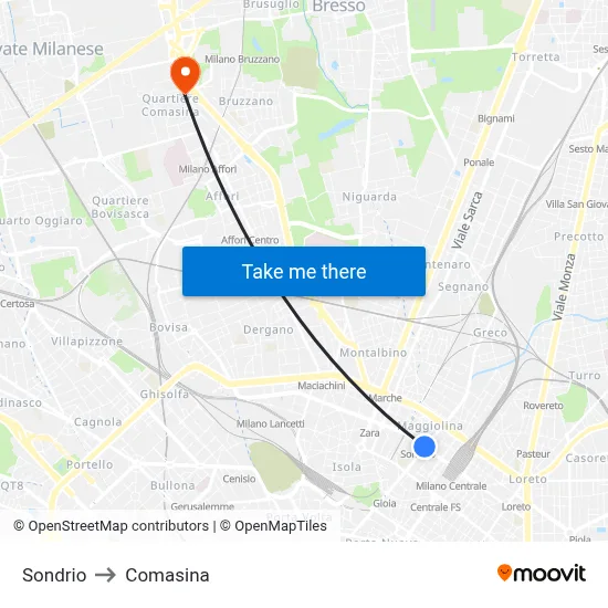 Sondrio to Comasina map
