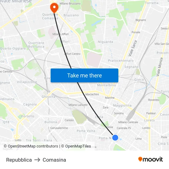 Repubblica to Comasina map