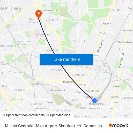 Milano Centrale (Mxp Airport Shuttles) to Comasina map