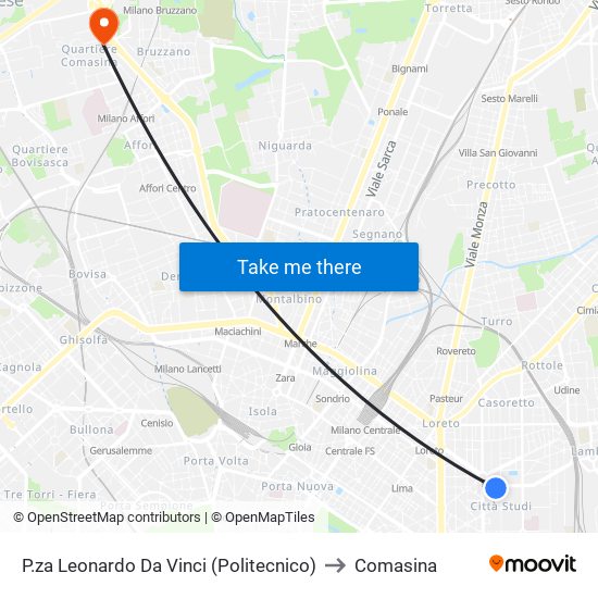 P.za Leonardo Da Vinci (Politecnico) to Comasina map