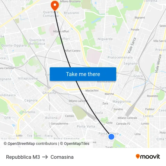 Repubblica M3 to Comasina map