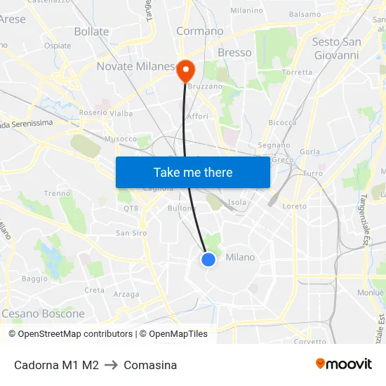 Cadorna M1 M2 to Comasina map
