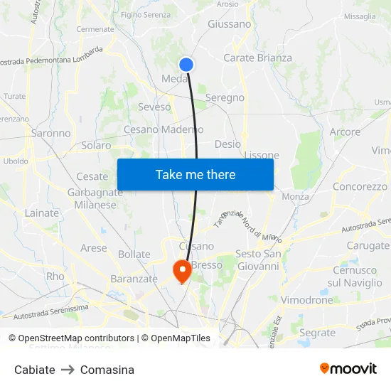 Cabiate to Comasina map