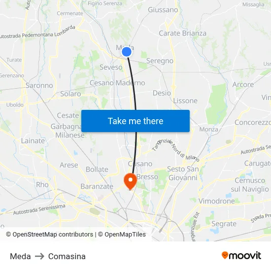 Meda to Comasina map