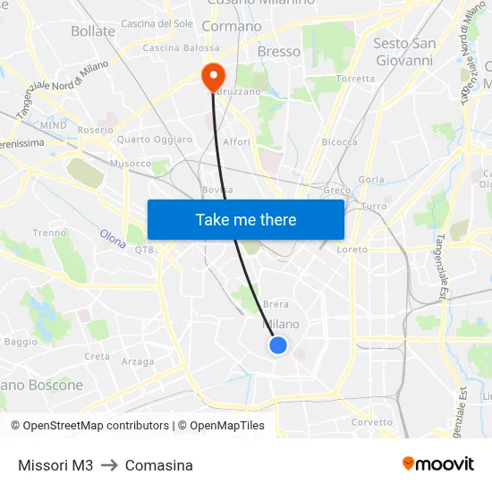 Missori M3 to Comasina map
