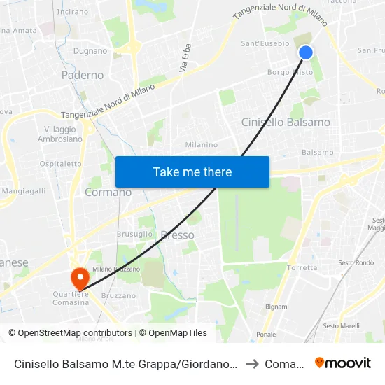 Cinisello Balsamo M.te Grappa/Giordano (Cimitero) to Comasina map