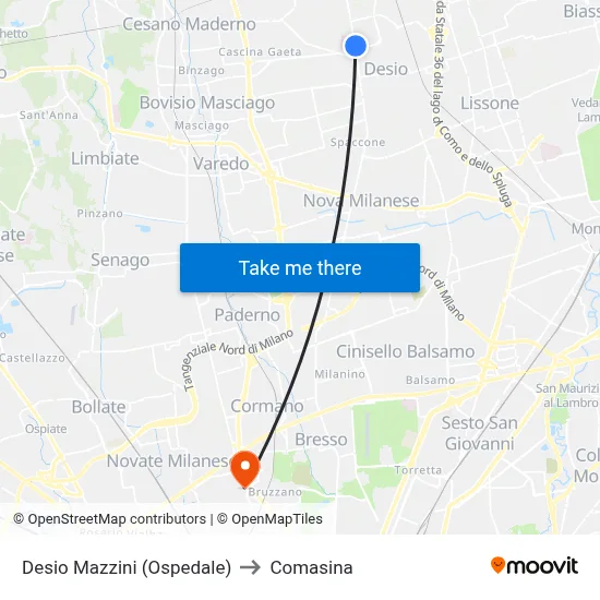 Desio Mazzini (Hospital) to Comasina map