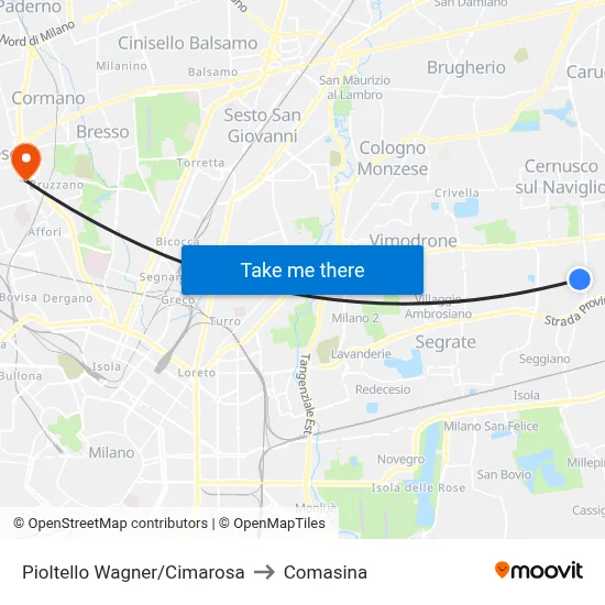 Pioltello Wagner/Cimarosa to Comasina map