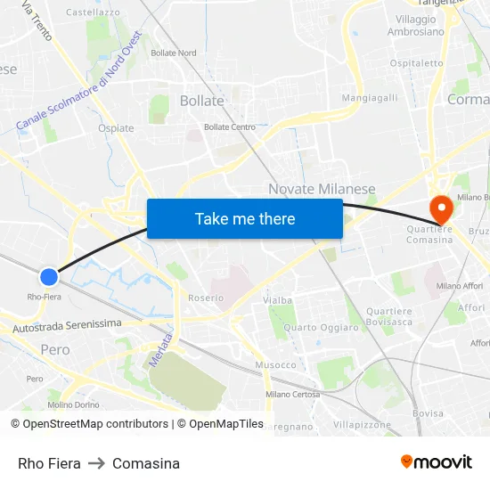 Rho Fiera to Comasina map