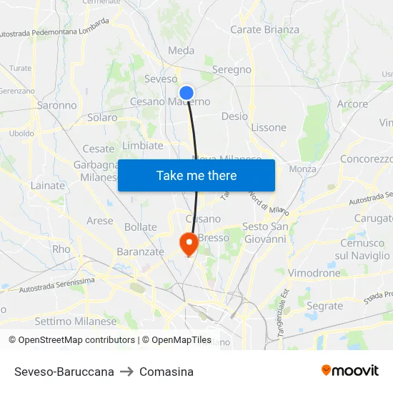 Seveso-Baruccana to Comasina map