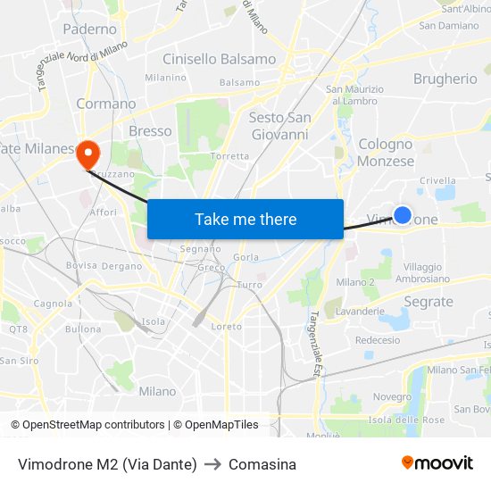 Vimodrone M2 (Via Dante) to Comasina map