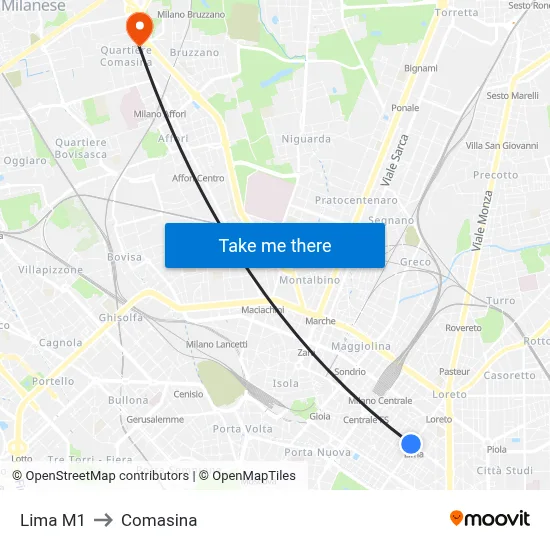Lima M1 to Comasina map