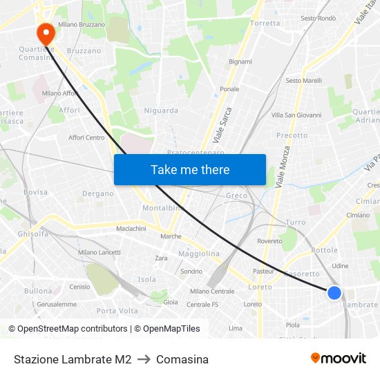 Stazione Lambrate M2 to Comasina map