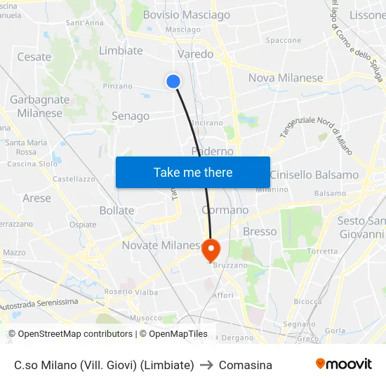 C.so Milano (Vill. Giovi) (Limbiate) to Comasina map