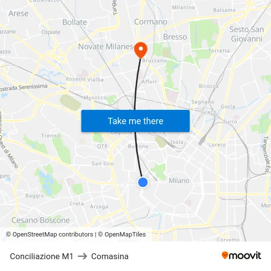 Conciliazione M1 to Comasina map