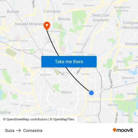 Susa to Comasina map