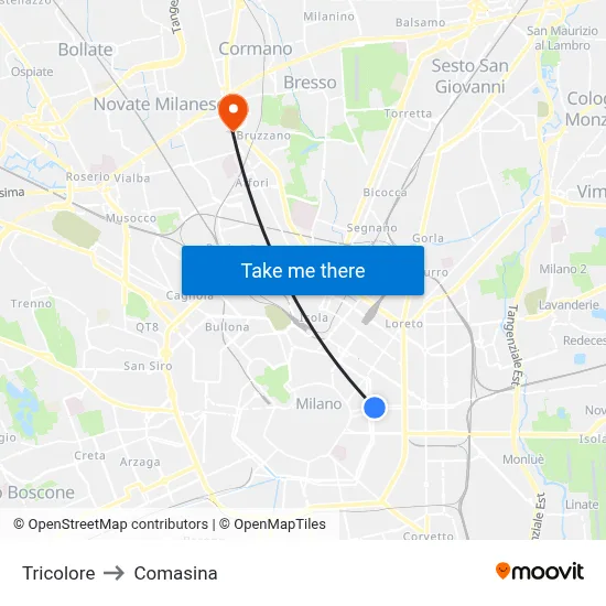 Tricolore to Comasina map