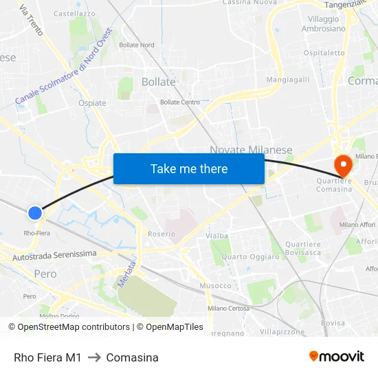 Rho Fiera M1 to Comasina map