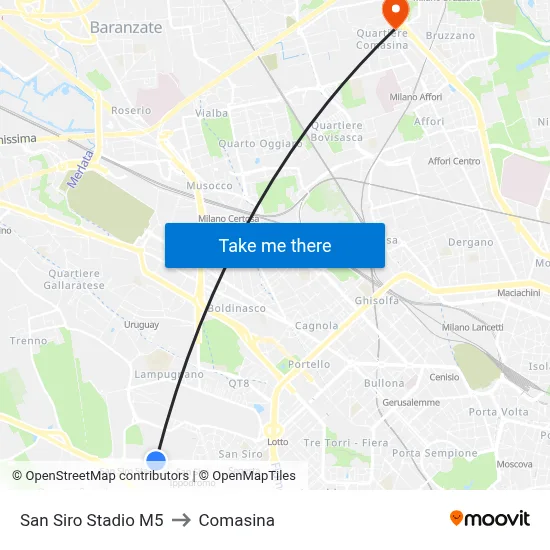 San Siro Stadio M5 to Comasina map