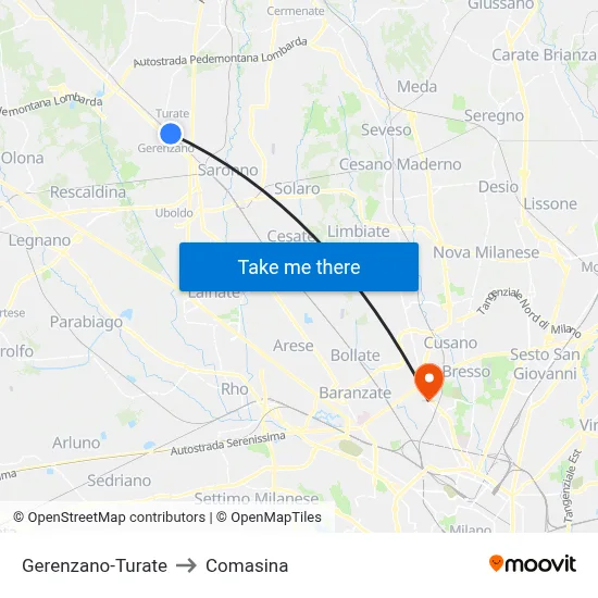 Gerenzano-Turate to Comasina map