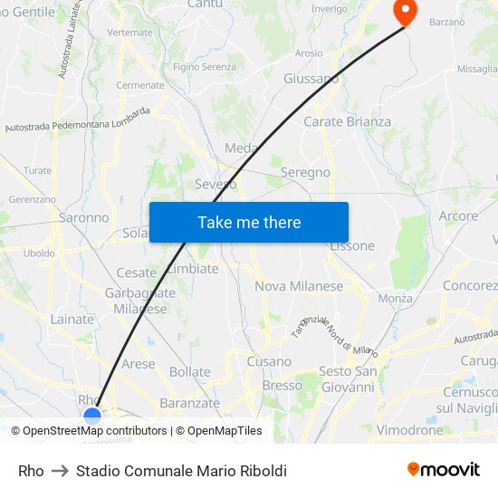 Rho to Stadio Comunale Mario Riboldi map