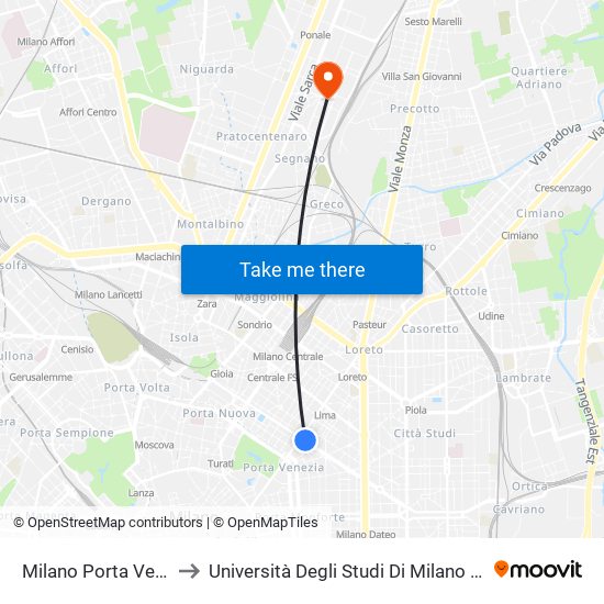 Milano Porta Venezia to Università Degli Studi Di Milano Bicocca map