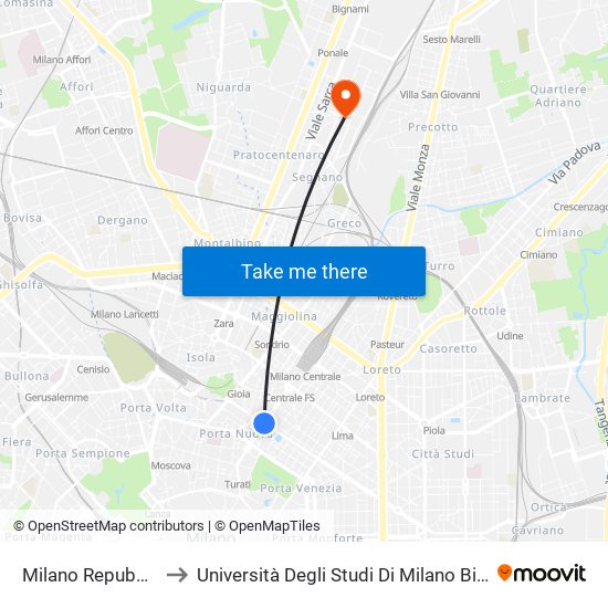 Milano Repubblica to Università Degli Studi Di Milano Bicocca map