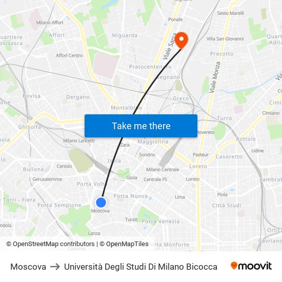 Moscova to Università Degli Studi Di Milano Bicocca map
