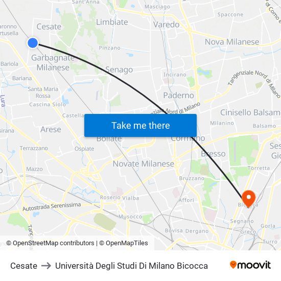 Cesate to Università Degli Studi Di Milano Bicocca map