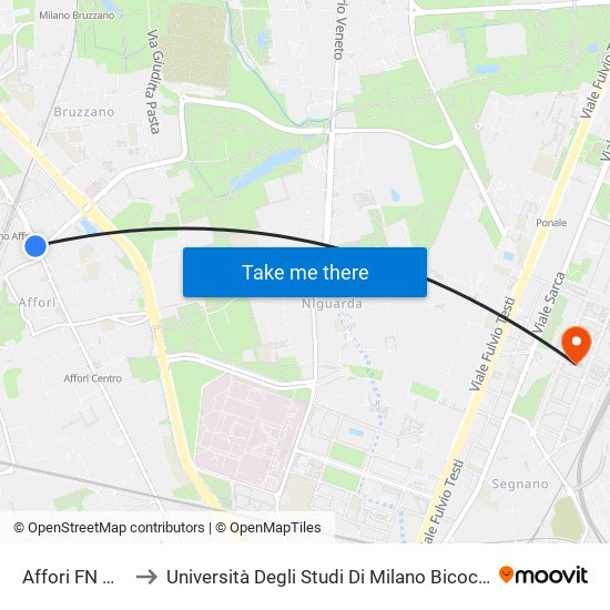 Affori FN M3 to Università Degli Studi Di Milano Bicocca map