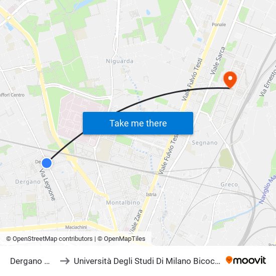 Dergano M3 to Università Degli Studi Di Milano Bicocca map