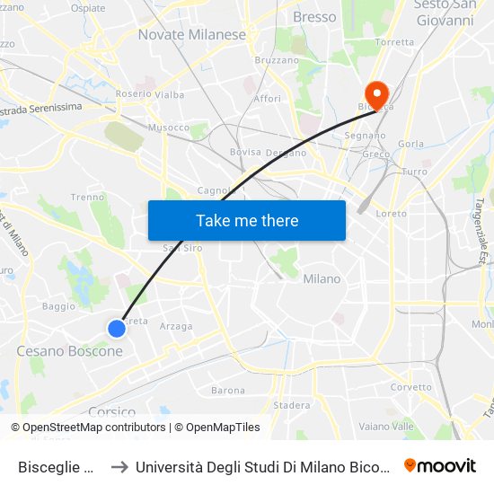 Bisceglie M1 to Università Degli Studi Di Milano Bicocca map