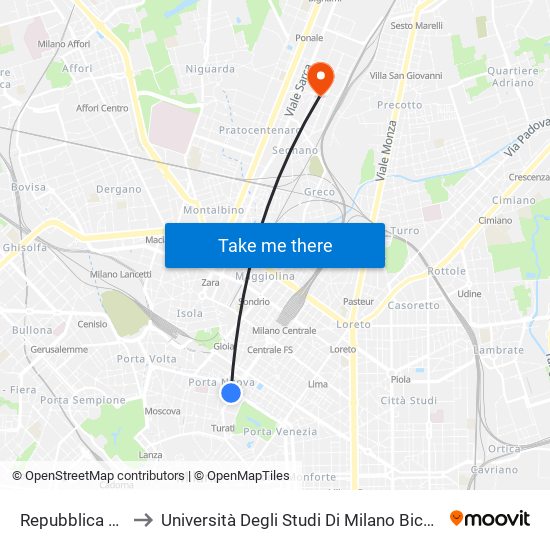 Repubblica M3 to Università Degli Studi Di Milano Bicocca map