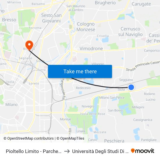 Pioltello Limito - Parcheggio Via Monza to Università Degli Studi Di Milano Bicocca map