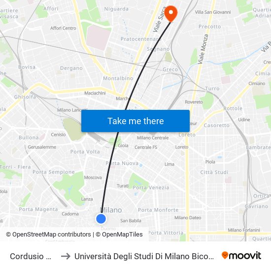 Cordusio M1 to Università Degli Studi Di Milano Bicocca map